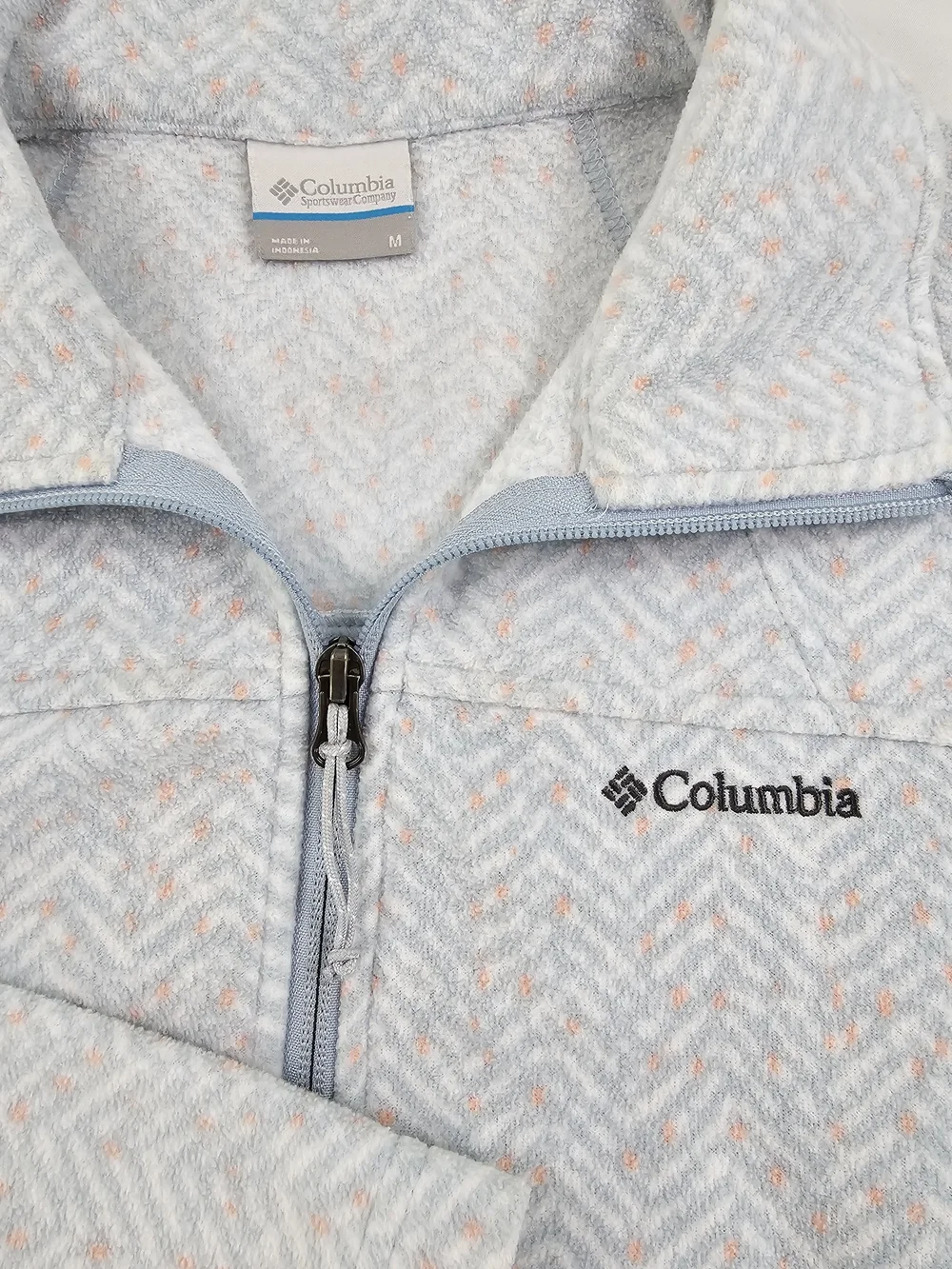 Columbia Fleece Chevron‎ Jacket Full Zip Women's Med White Gray Pink Polka Dots